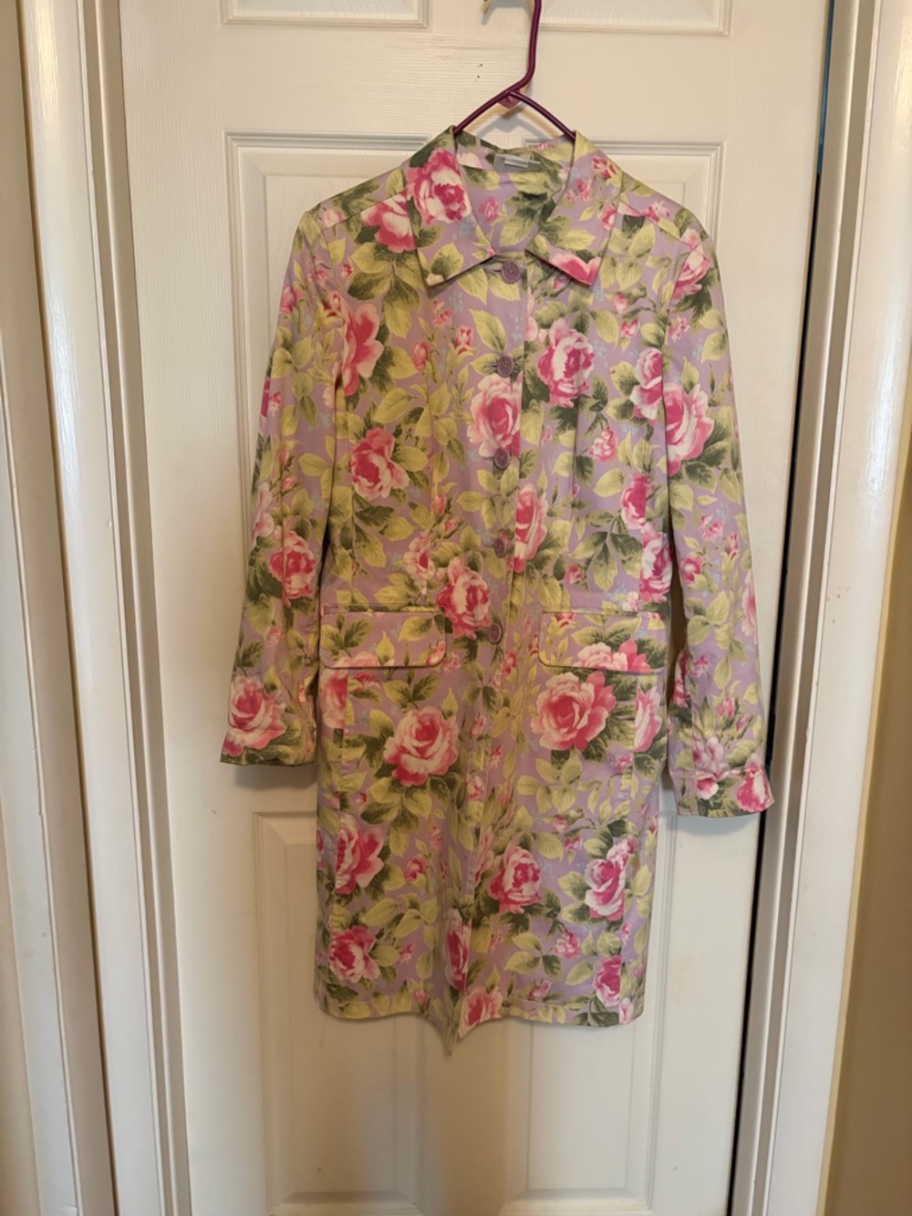 Jaclyn Smith Lavender & Green Floral Trench Coat